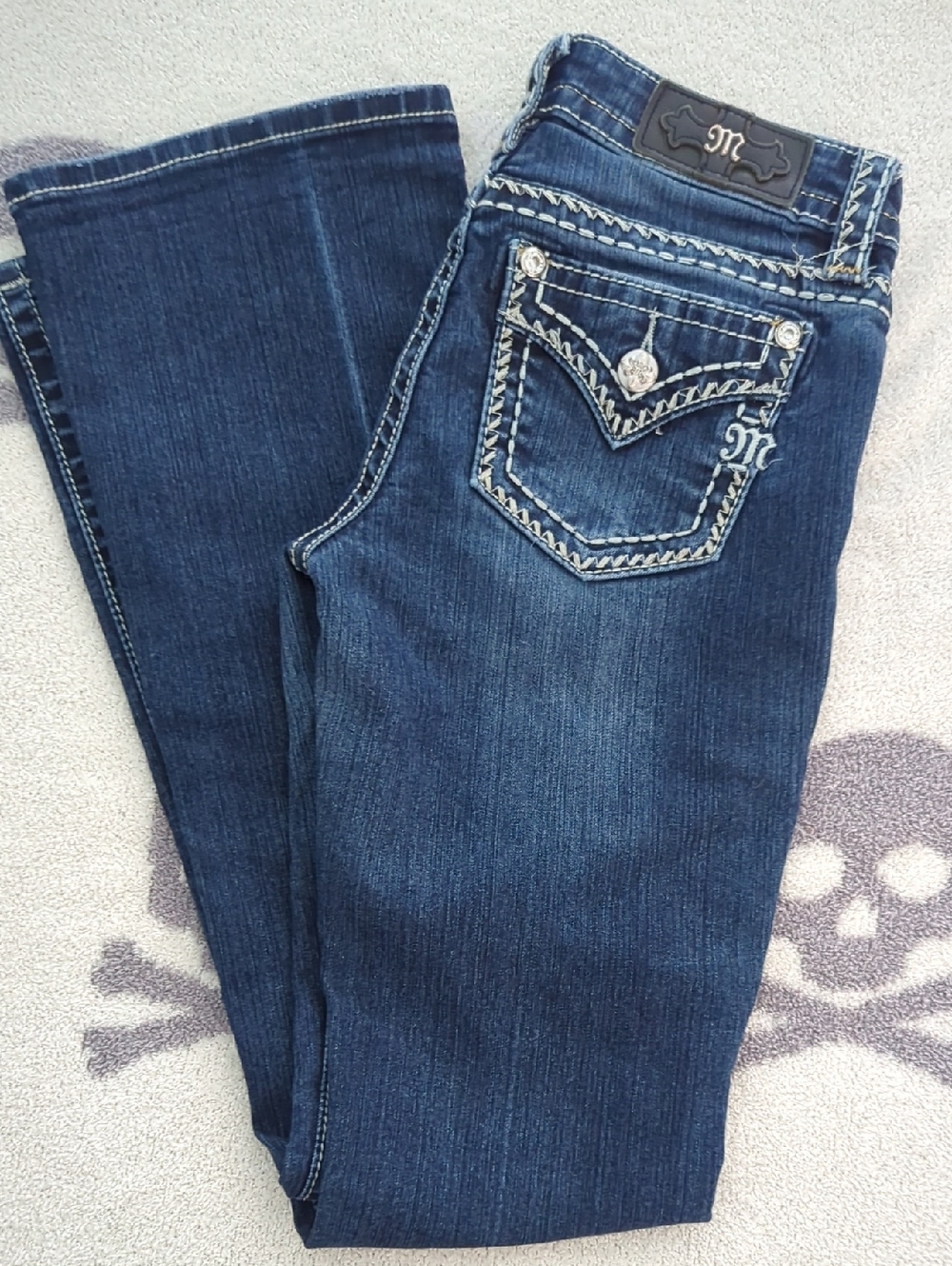 Miss Me Dark Blue Boot Cut Jeans with Embroidered Pockets